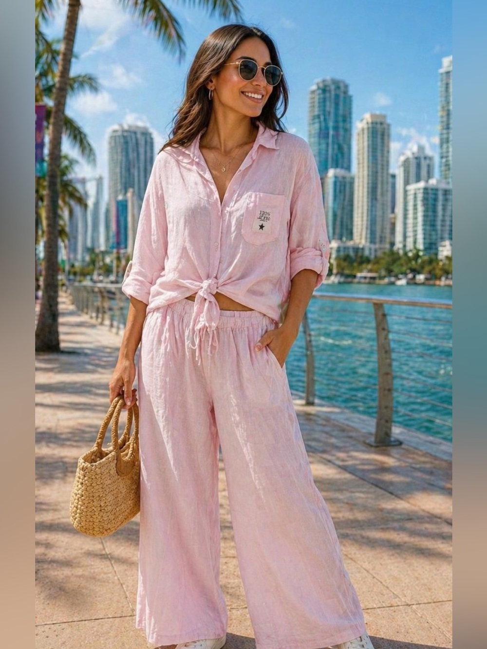 SUMMER TIMEL  100% Linen Two-Piece Set - Relaxed Button-Up & Wide-Leg Pants